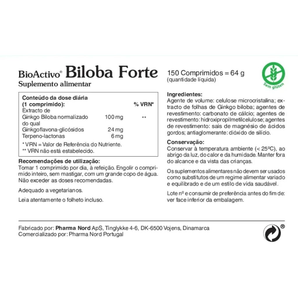 Bioactivo Biloba Forte Comprimidos Memória Concentração 100Mg 150 Comprimidos