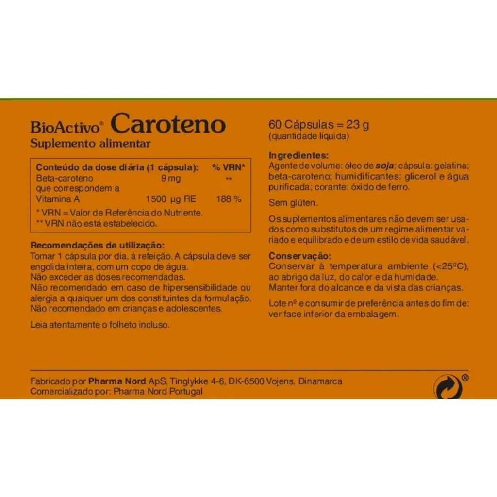 Bioactivo Caroteno Manutenção Normal Da Pele 60 Cápsulas